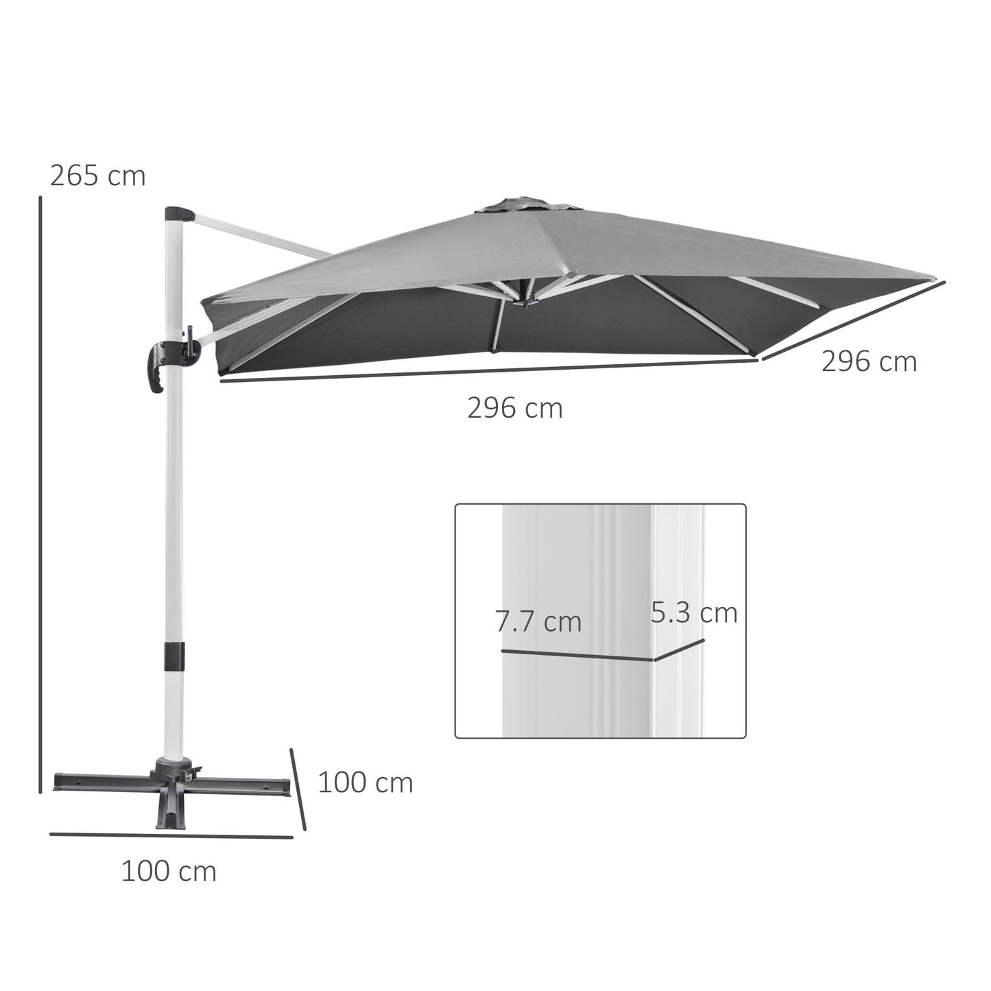3 x 3(m) Cantilever Parasol, Square Garden Umbrella with Cross Base, Crank Handle, Tilt, 360¬∞ Rotation and Aluminium Frame, Grey