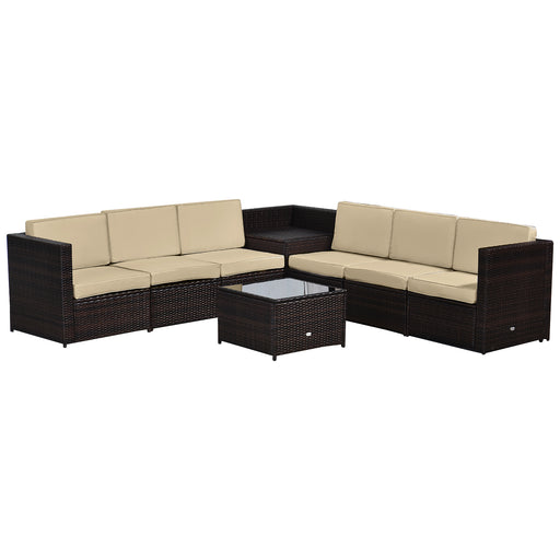 6-Seater Garden Rattan Furniture Patio Sofa and Table Set with Cushions Garden Corner Sofa 8 pcs Corner Wicker Seat Brown