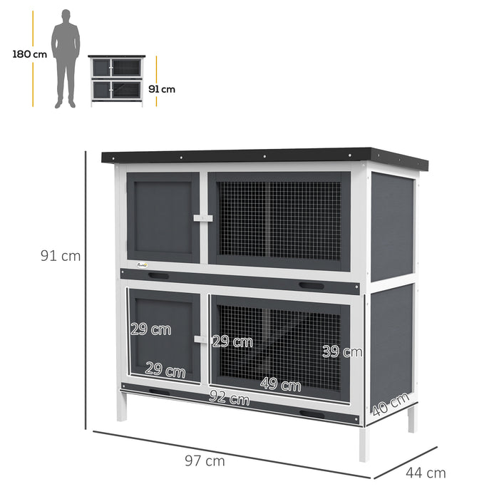 Double Decker Rabbit Hutch 2 Tier Guinea Pig House Pet Cage Outdoor with Sliding-out Tray, 100x47x91cm, Grey