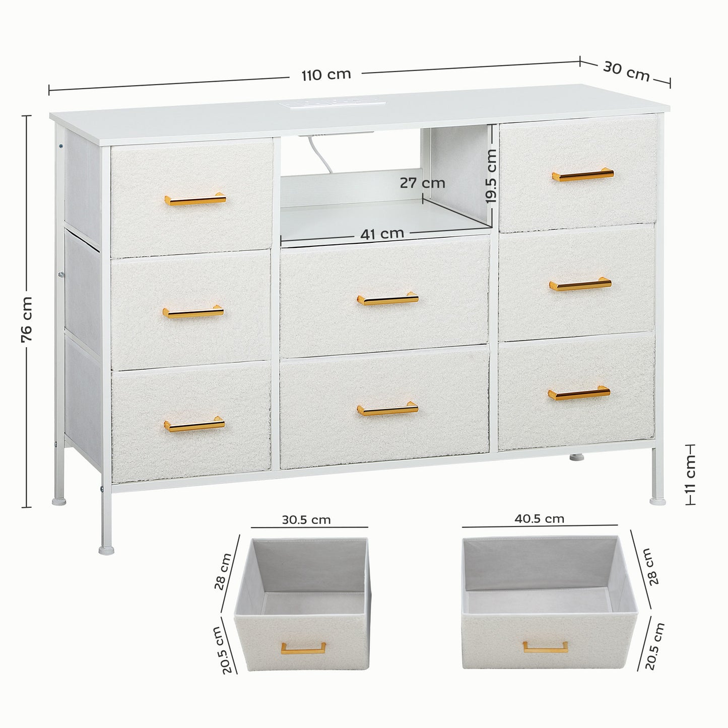 Boucle Chest of Drawers, 2 USB & 2 AC Ports, 8 Drawers Dresser