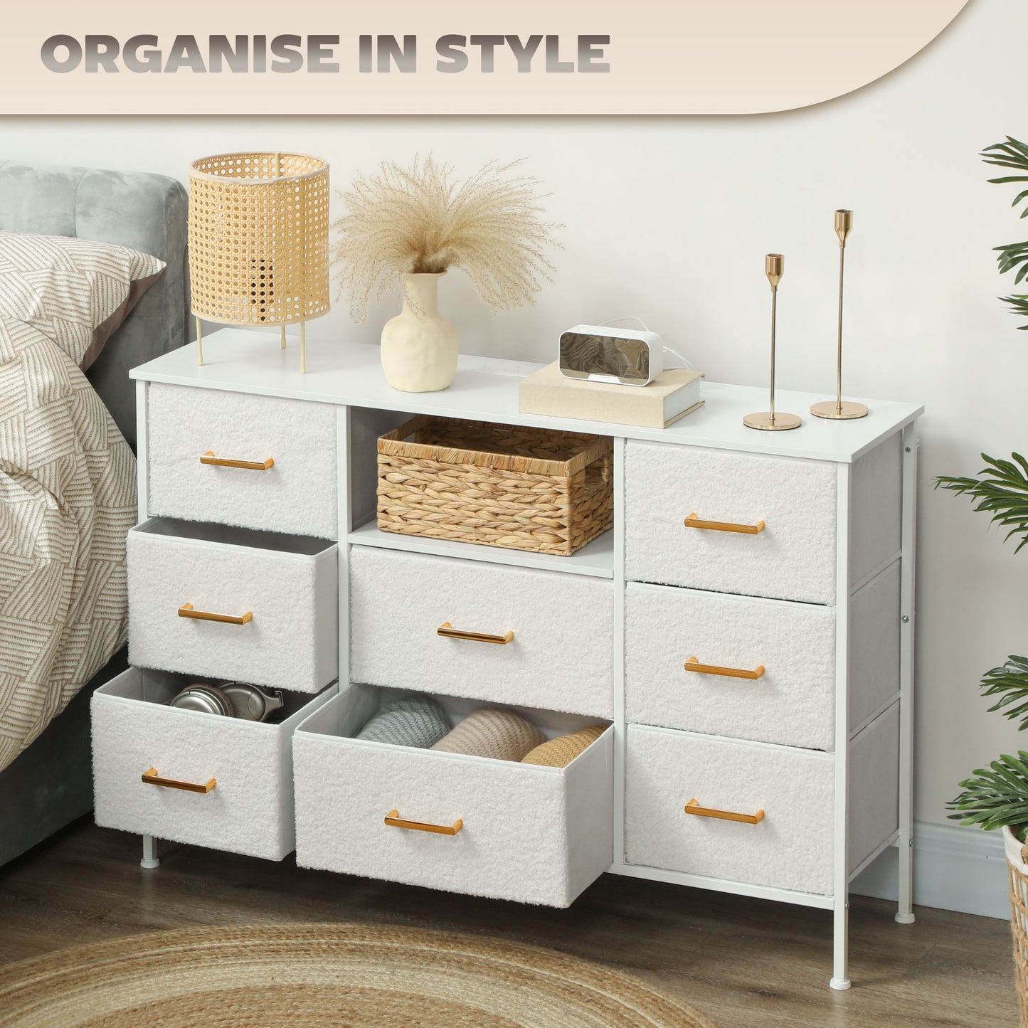Boucle Chest of Drawers, 2 USB & 2 AC Ports, 8 Drawers Dresser