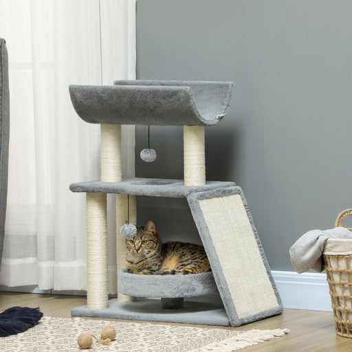 Cat Tree Tower, with Scratching Posts, Pad, Bed, Perch, Toy Ball, Grey