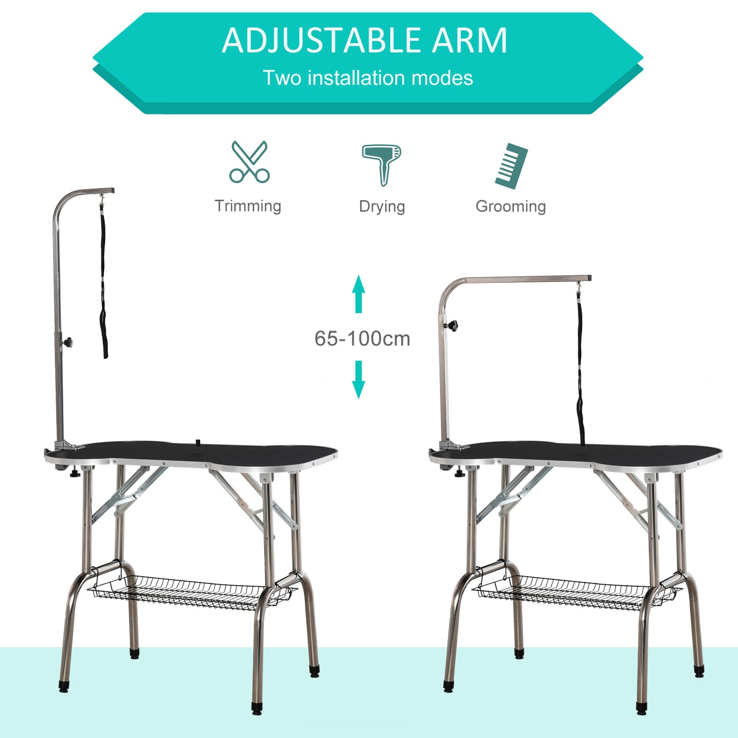 Foldable Dog Grooming Table Pet Drying Table with Adjustable Arm Non-Slip Rubber Tabletop Aluminium Alloy Edge Stainless Steel Bar Sling 94.5 x 55 x 81cm Black