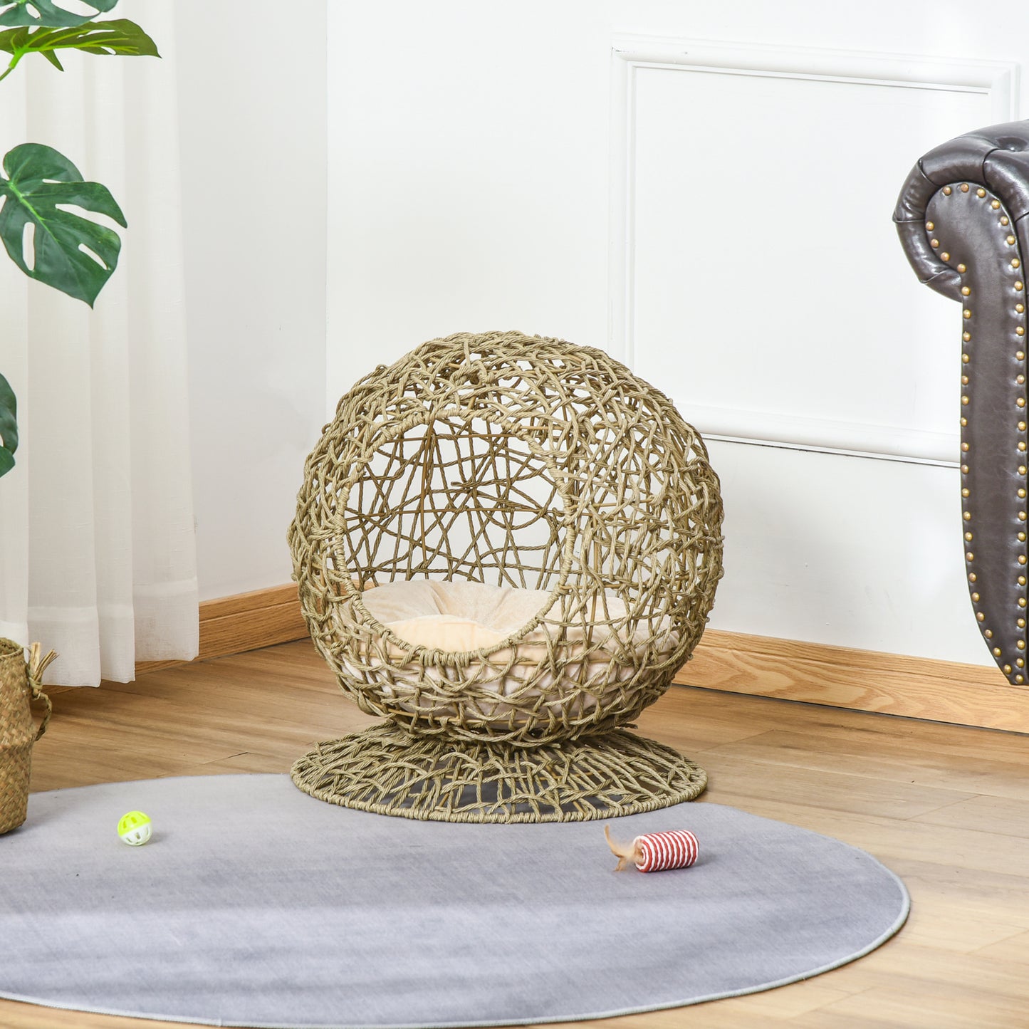 Wicker Cat Bed Elevated Rattan Kitten Basket Pet Den. House Cozy Cave with Soft Cushion Φ48 x 52cm Brown
