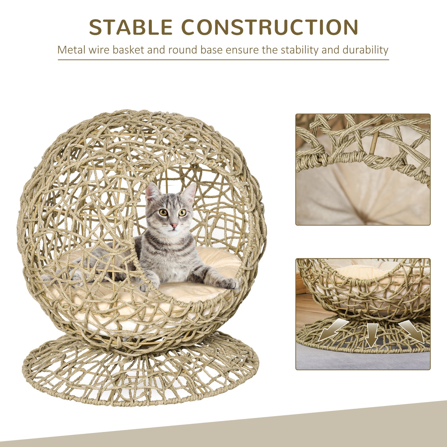 Wicker Cat Bed Elevated Rattan Kitten Basket Pet Den. House Cozy Cave with Soft Cushion Φ48 x 52cm Brown