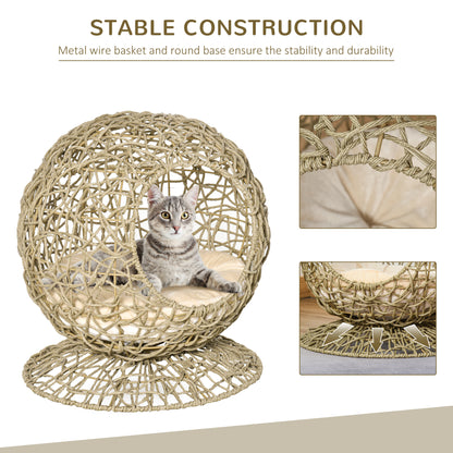 Wicker Cat Bed Elevated Rattan Kitten Basket Pet Den. House Cozy Cave with Soft Cushion Φ48 x 52cm Brown