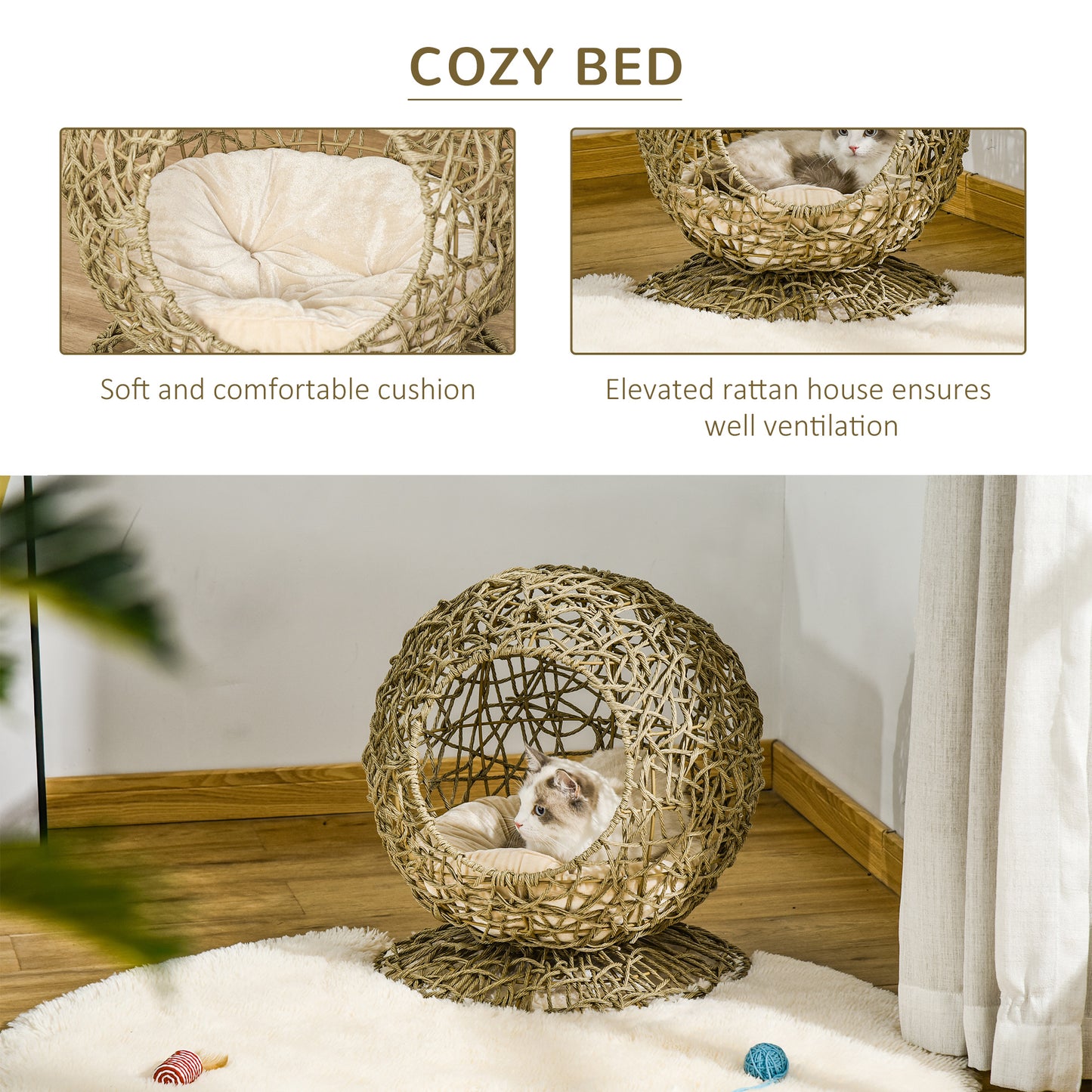 Wicker Cat Bed Elevated Rattan Kitten Basket Pet Den. House Cozy Cave with Soft Cushion Φ48 x 52cm Brown