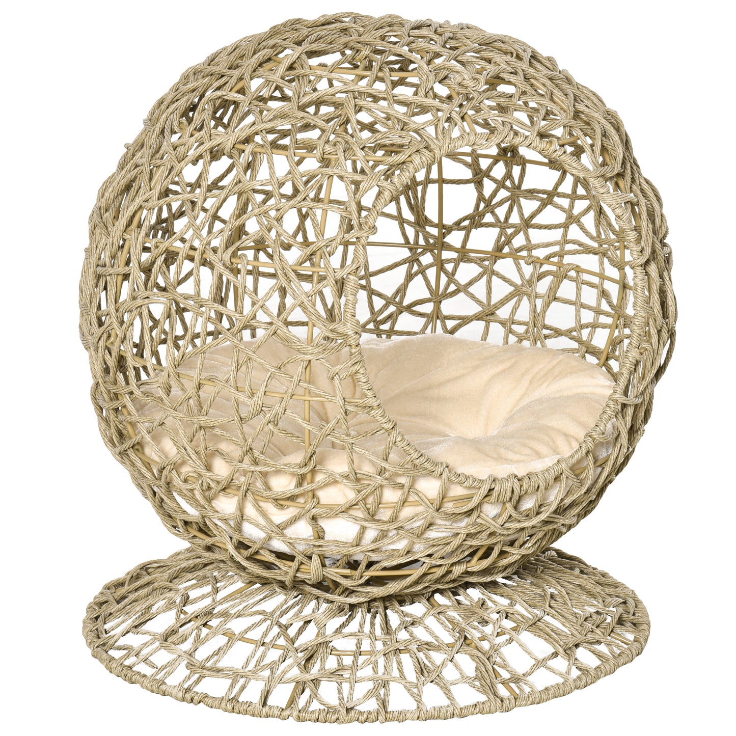 Wicker Cat Bed Elevated Rattan Kitten Basket Pet Den. House Cozy Cave with Soft Cushion Φ48 x 52cm Brown
