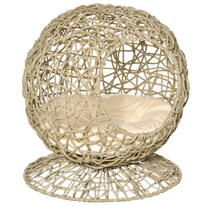 Wicker Cat Bed Elevated Rattan Kitten Basket Pet Den. House Cozy Cave with Soft Cushion Φ48 x 52cm Brown