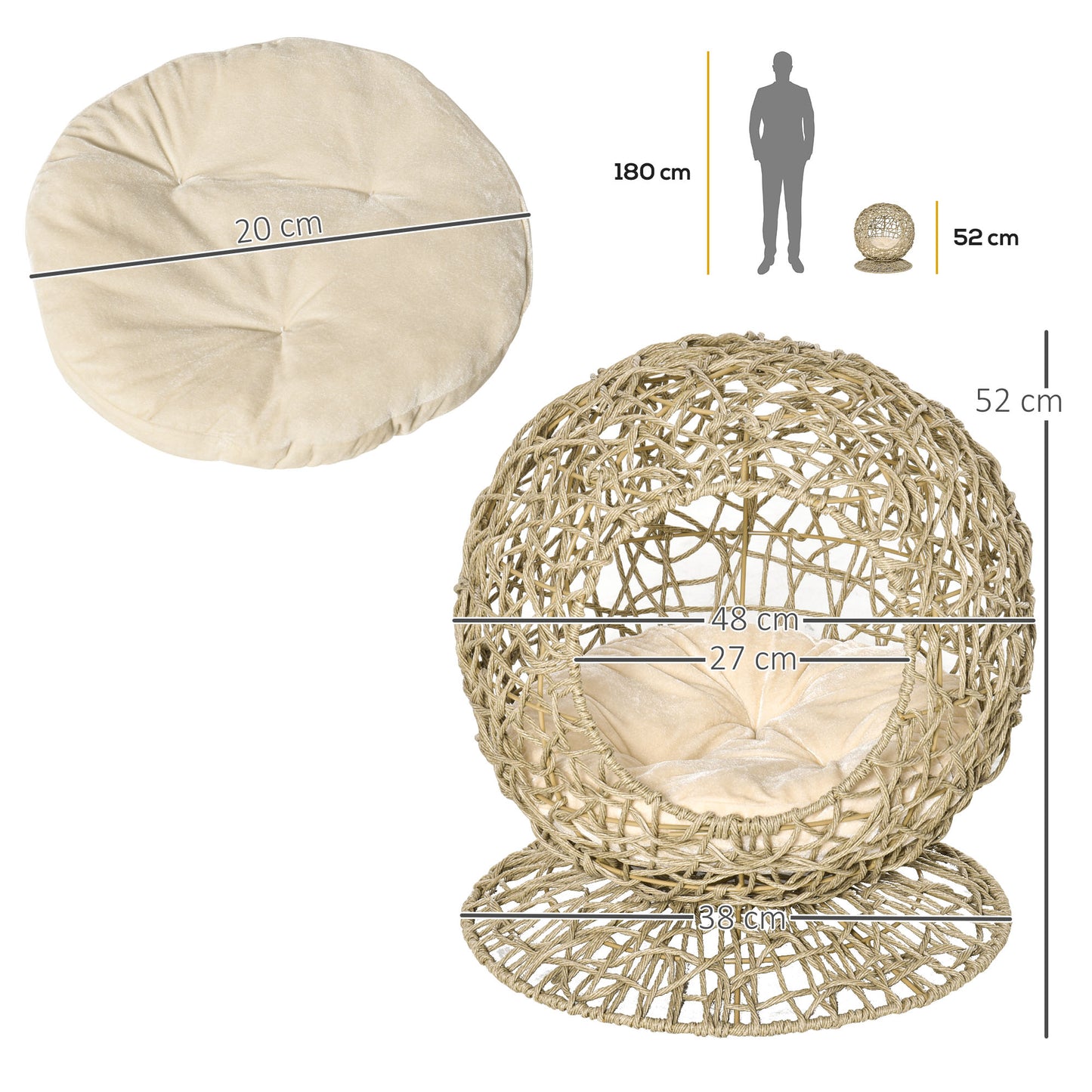 Wicker Cat Bed Elevated Rattan Kitten Basket Pet Den. House Cozy Cave with Soft Cushion Φ48 x 52cm Brown