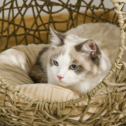 Wicker Cat Bed Elevated Rattan Kitten Basket Pet Den. House Cozy Cave with Soft Cushion Φ48 x 52cm Brown