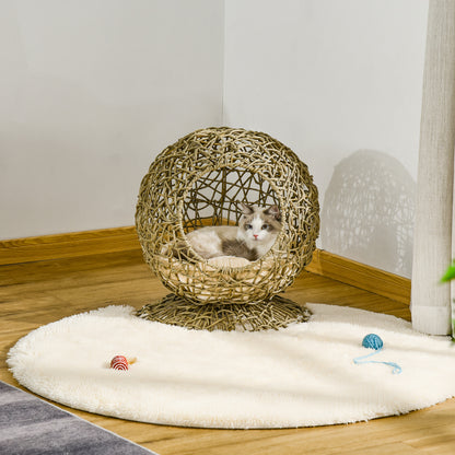 Wicker Cat Bed Elevated Rattan Kitten Basket Pet Den. House Cozy Cave with Soft Cushion Φ48 x 52cm Brown