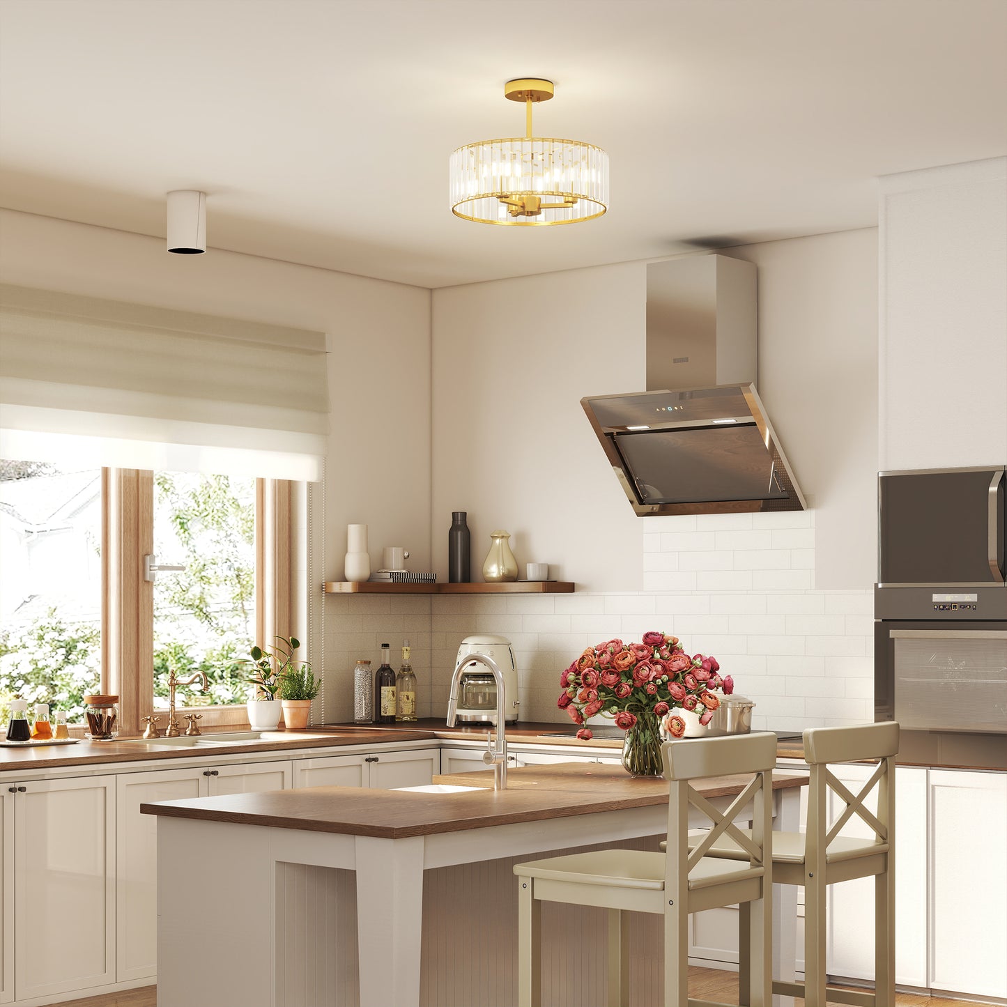 Semi Flush Mount Modern Crystal Chandelier Ceiling Light, Gold Tone