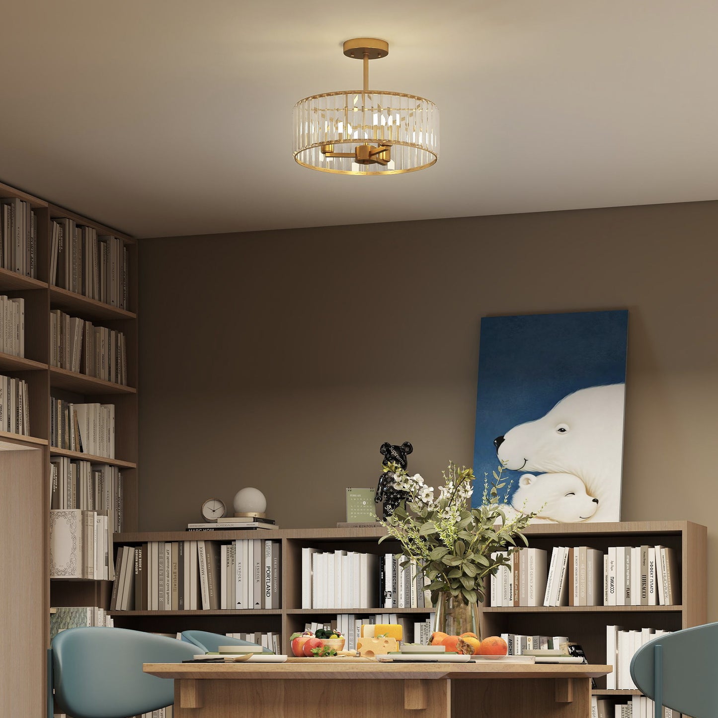 Semi Flush Mount Modern Crystal Chandelier Ceiling Light, Gold Tone