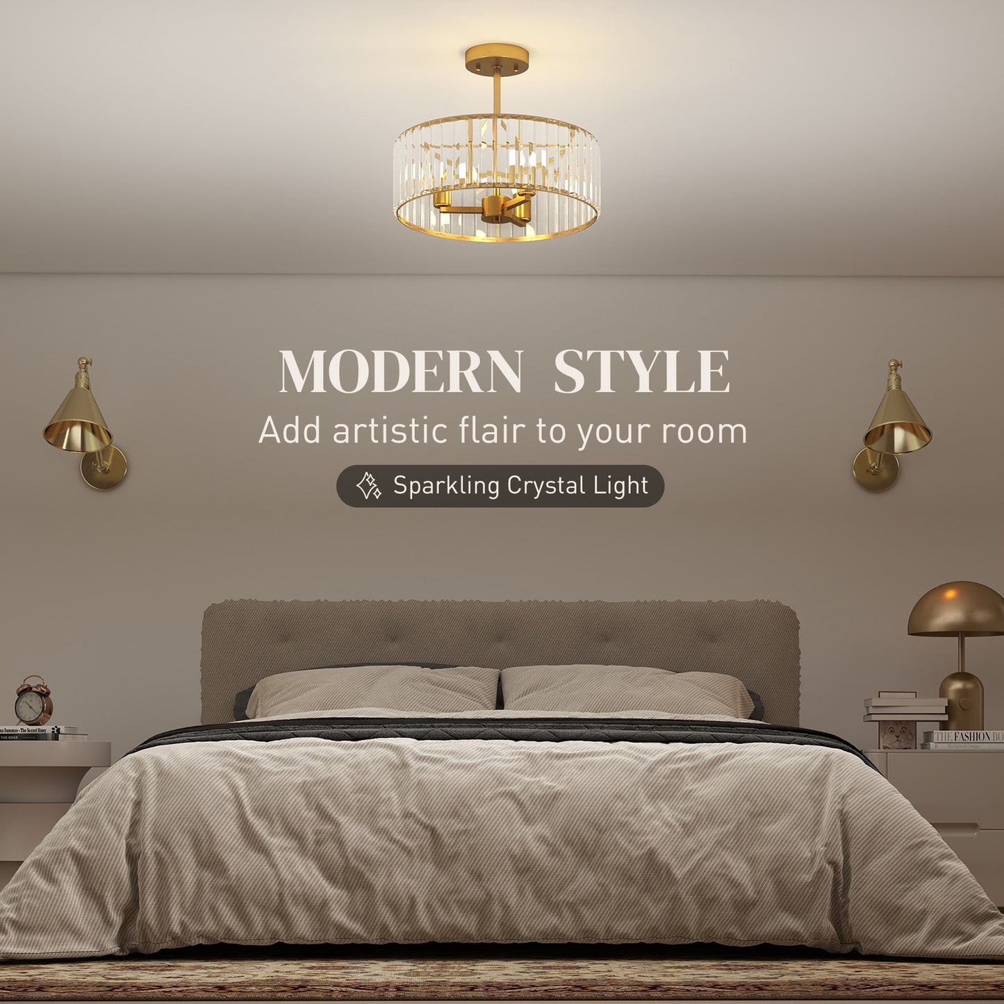 Semi Flush Mount Modern Crystal Chandelier Ceiling Light, Gold Tone