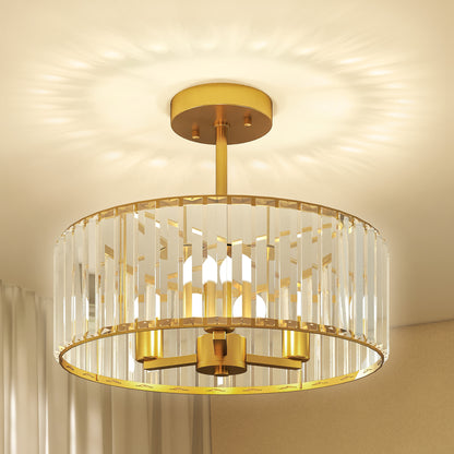 Semi Flush Mount Modern Crystal Chandelier Ceiling Light, Gold Tone