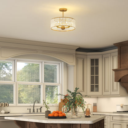 Semi Flush Mount Modern Crystal Chandelier Ceiling Light, Gold Tone
