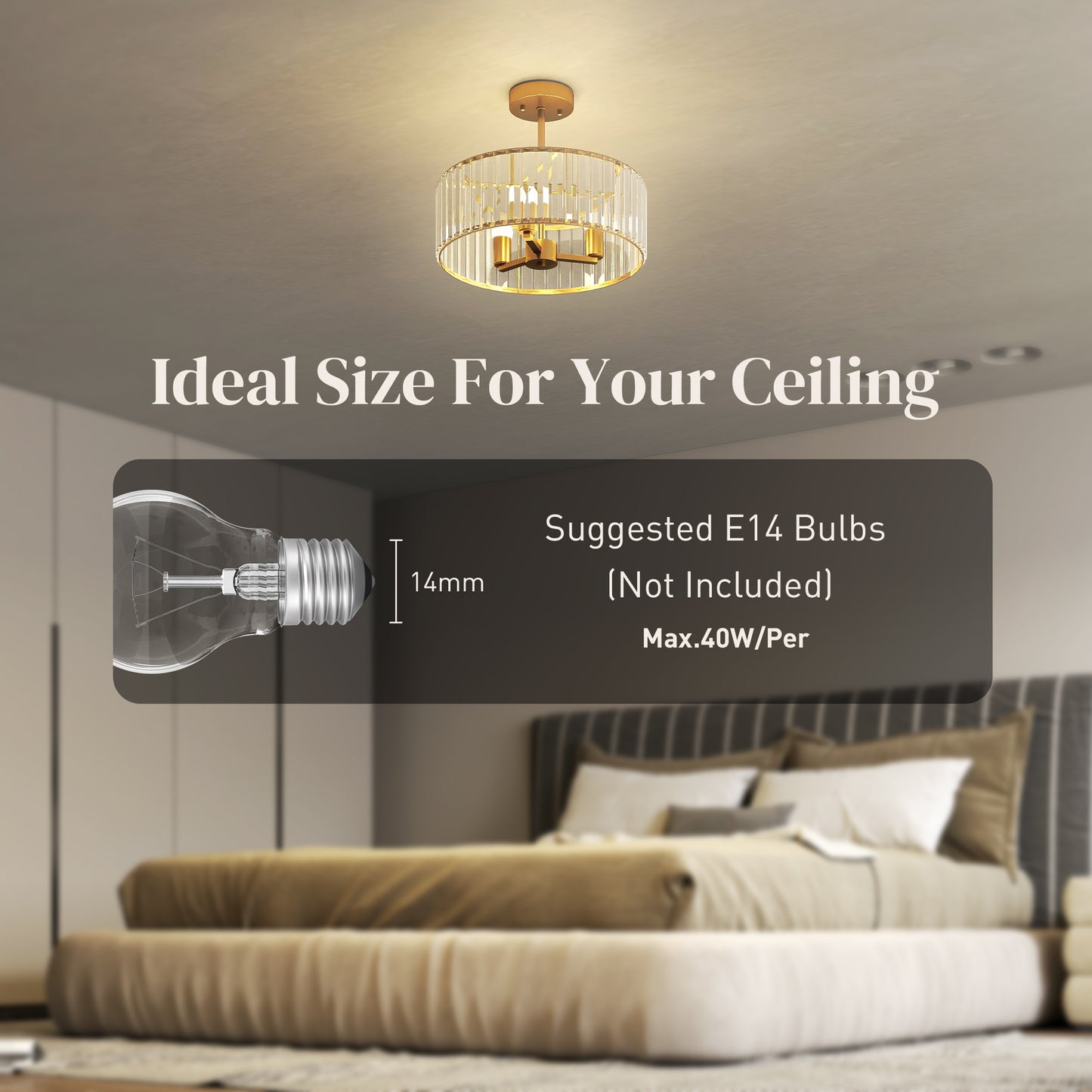 Semi Flush Mount Modern Crystal Chandelier Ceiling Light, Gold Tone