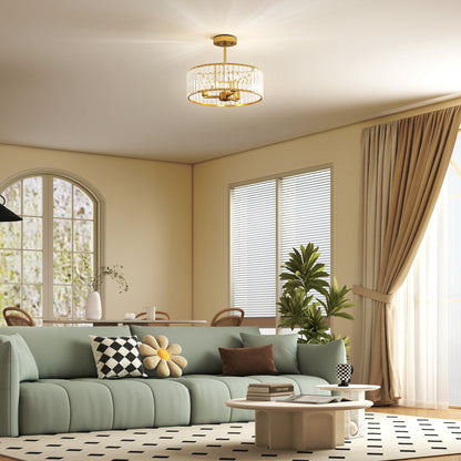 Semi Flush Mount Modern Crystal Chandelier Ceiling Light, Gold Tone