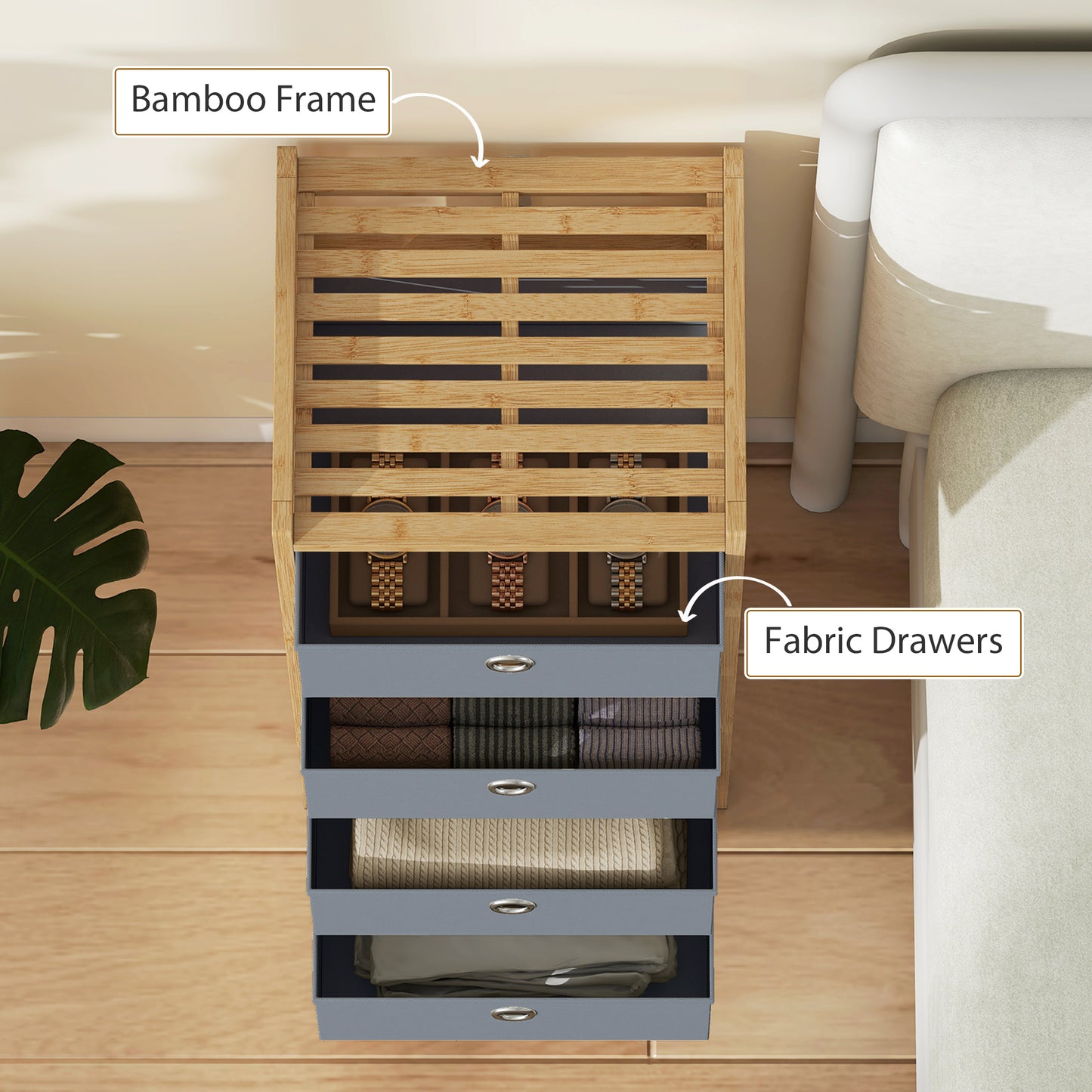Chest of Drawers, 4 Drawers Dresser with Bamboo Frame, Light Grey