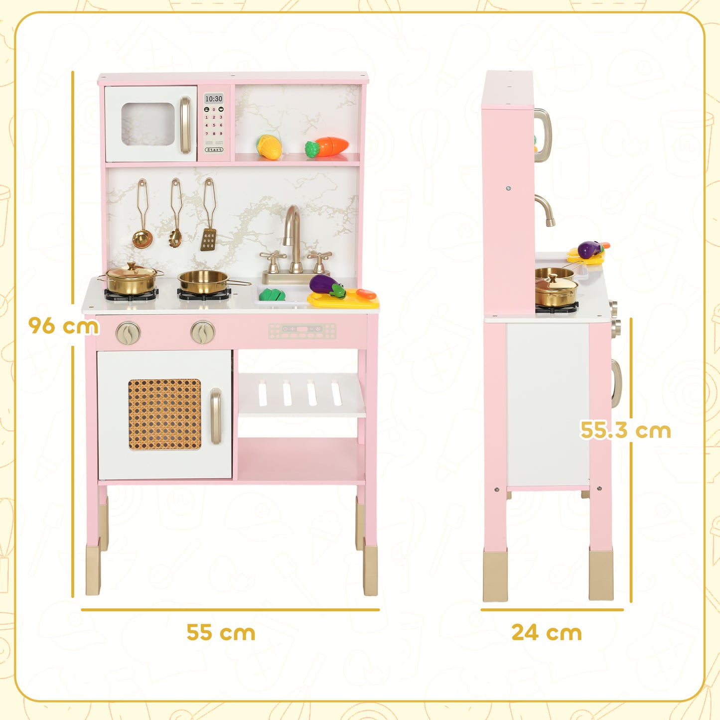Kids Play Kitchen with Pretend Play Cooking Accessories, Kitchen Playset with Realistic Oven, Microwave, Sink and Cutting Vegetable Toys for Toddlers Ages 3-6 Years, Pink