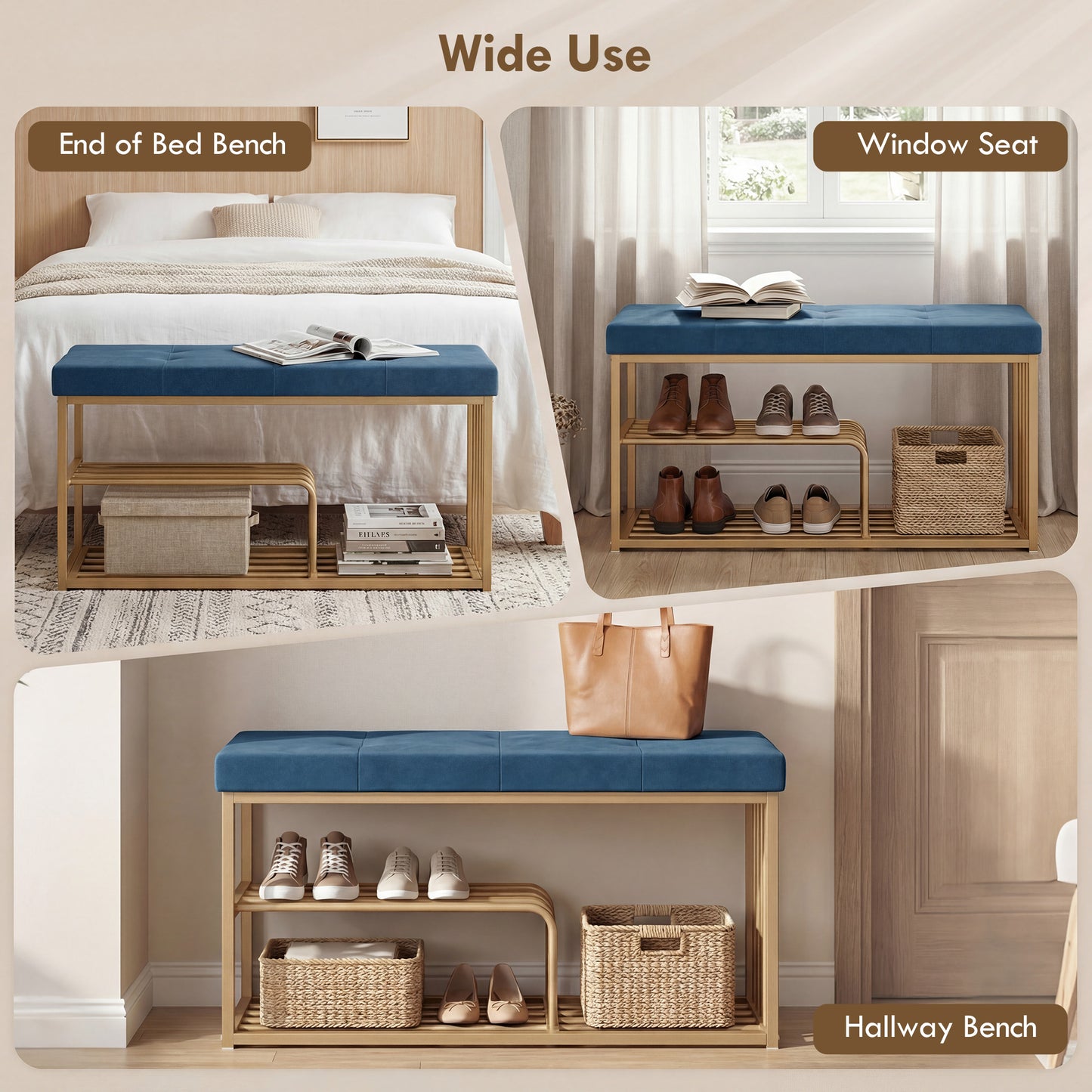 Shoe Storage Bench with Seat Cushion Tufted Shoe Rack Bench Dark Blue