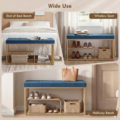 Shoe Storage Bench with Seat Cushion Tufted Shoe Rack Bench Dark Blue