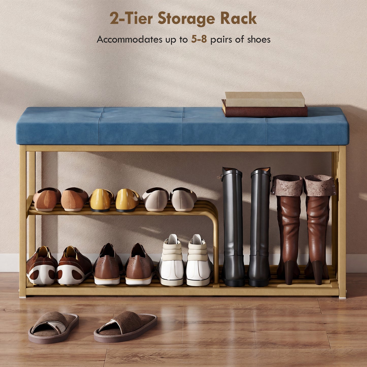 Shoe Storage Bench with Seat Cushion Tufted Shoe Rack Bench Dark Blue