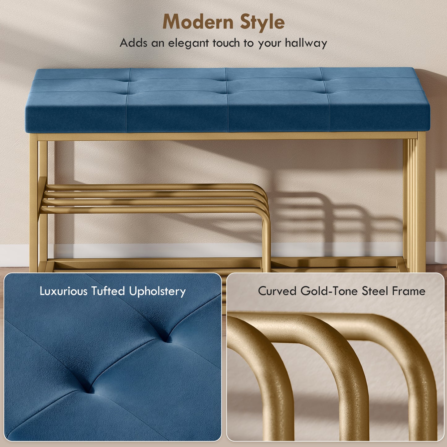 Shoe Storage Bench with Seat Cushion Tufted Shoe Rack Bench Dark Blue