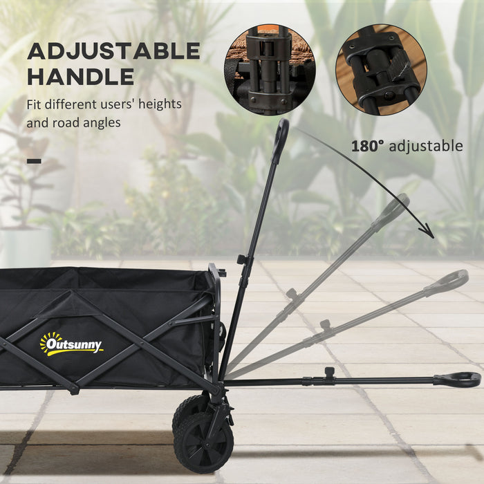 Folding Pull Along Cart Cargo Wagon Trolley with Telescopic Handle - Black