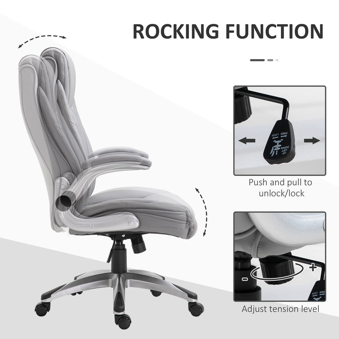 High Back Executive Office Chair Home Swivel PU Leather Ergonomic Chair, with Flip-up Arm, Wheels, Adjustable Height, Grey