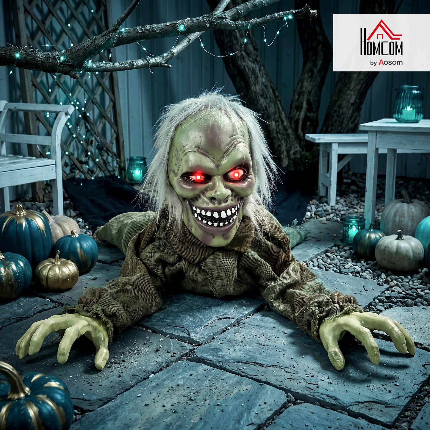Animatronic Crawling Zombie with Light-Up Eyes and Creepy Sound