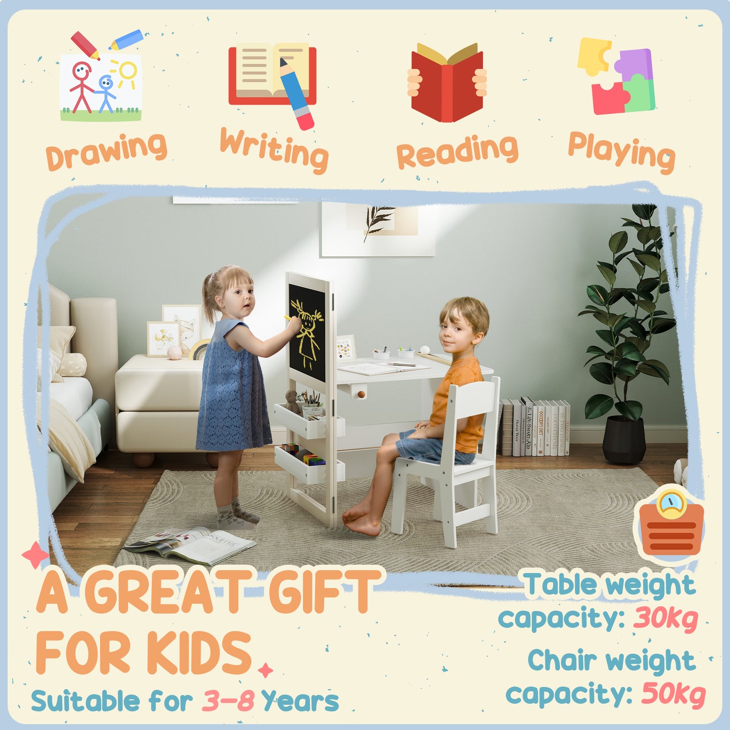 3 in 1 Kids Table and Chair Set with Whiteboard and Blackboard