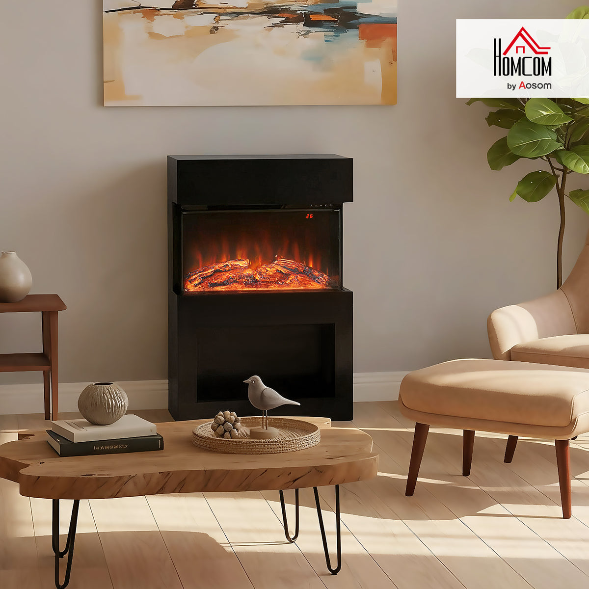 1000W/2000W Electric Fire and Mantel with Remote & Timer, Black