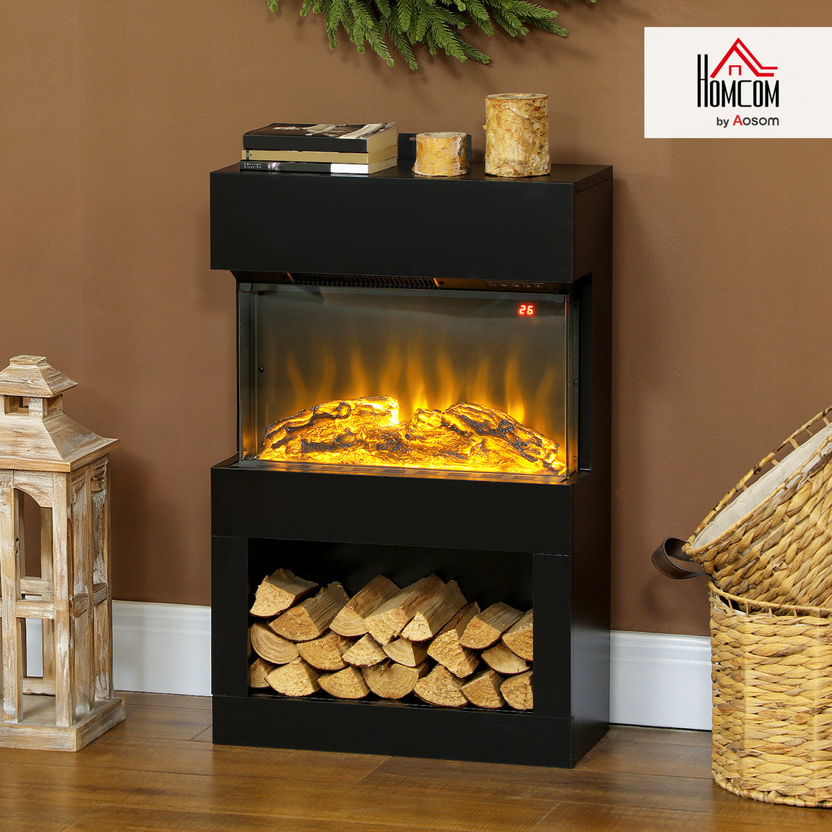 1000W/2000W Electric Fire and Mantel with Remote & Timer, Black