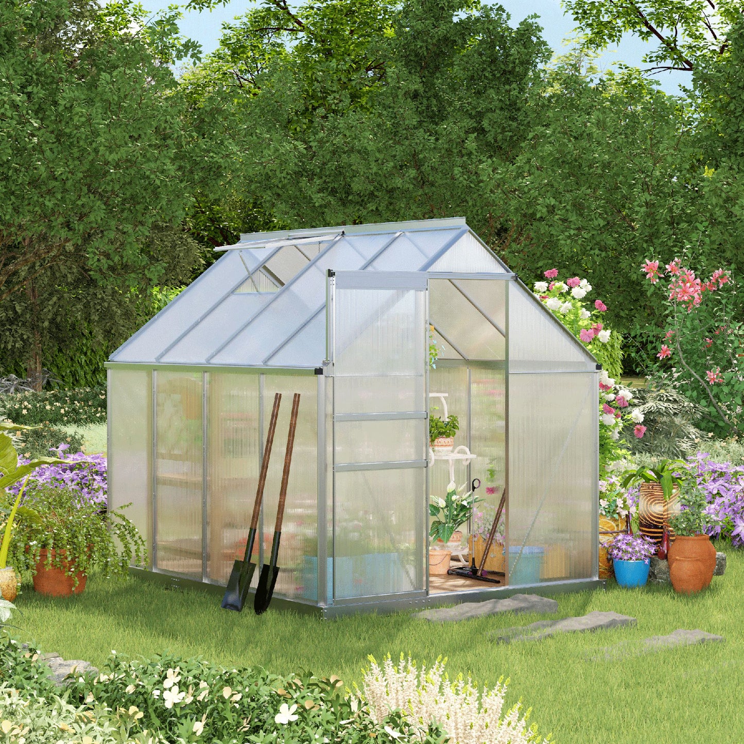 Polycarbonate Walk-in Garden Greenhouse w/ Sliding Door Silver Tone