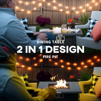 Outdoor Square Fire Pit Table w/ Lid and Lava Rocks Dark Grey