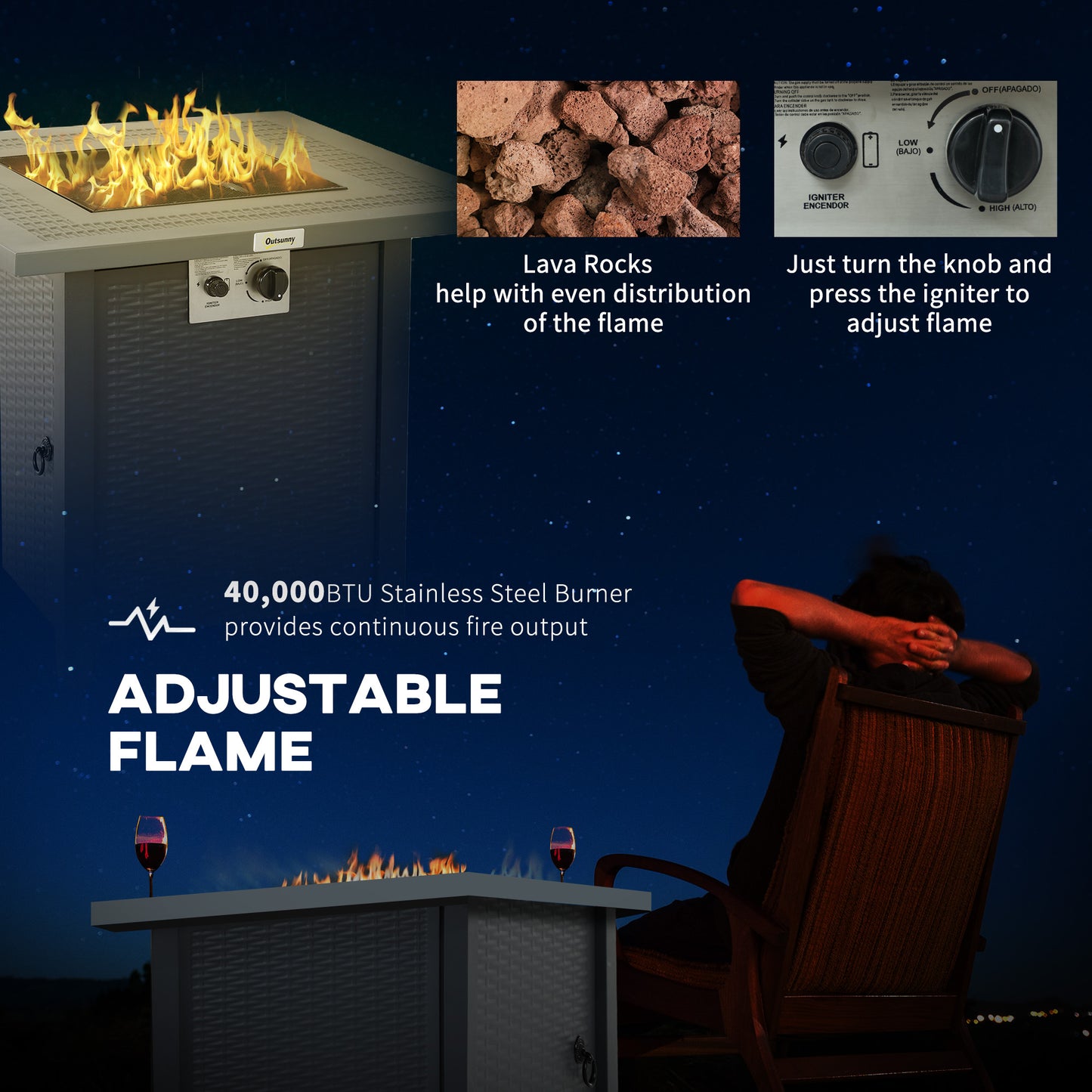 Outdoor Square Fire Pit Table w/ Lid and Lava Rocks Dark Grey