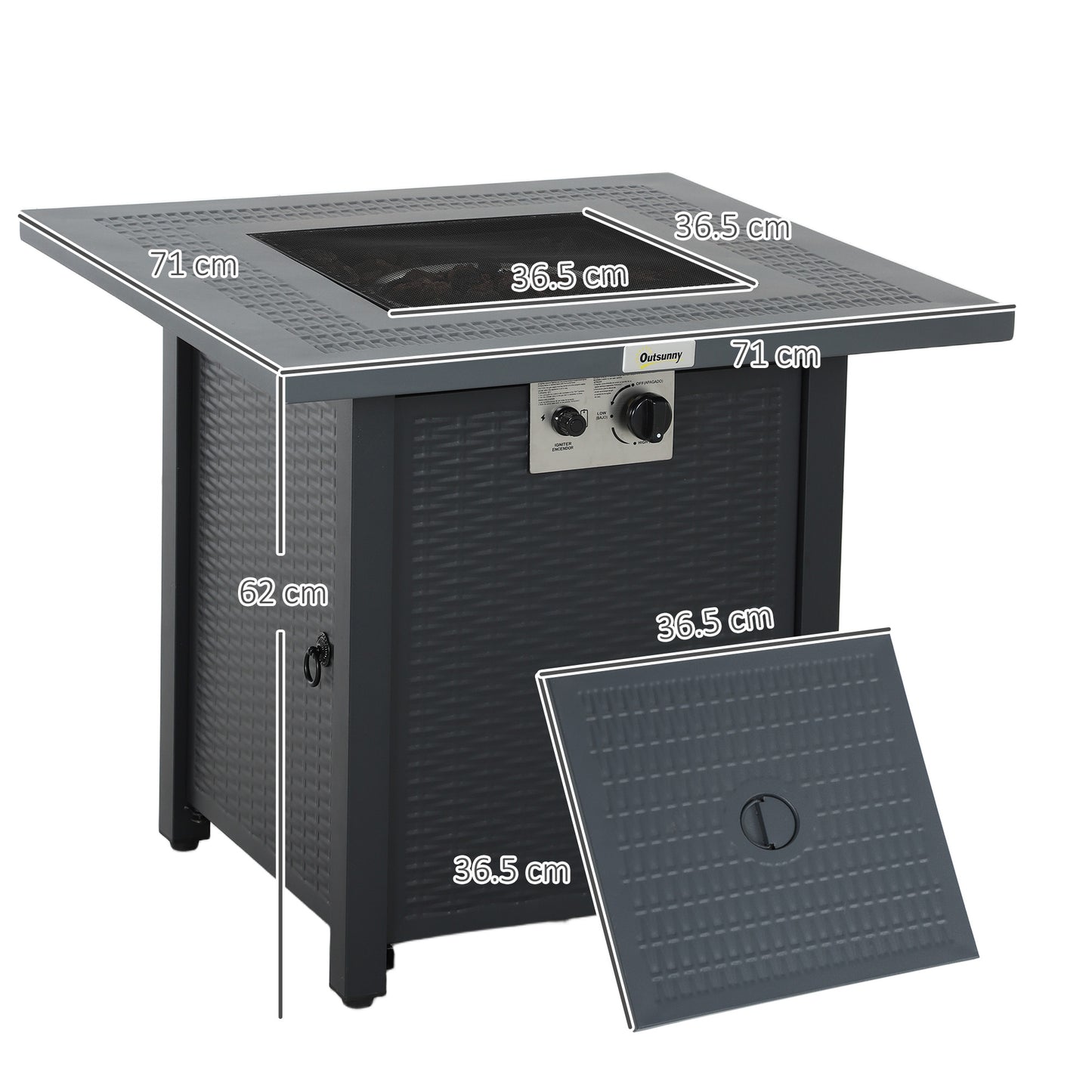 Outdoor Square Fire Pit Table w/ Lid and Lava Rocks Dark Grey