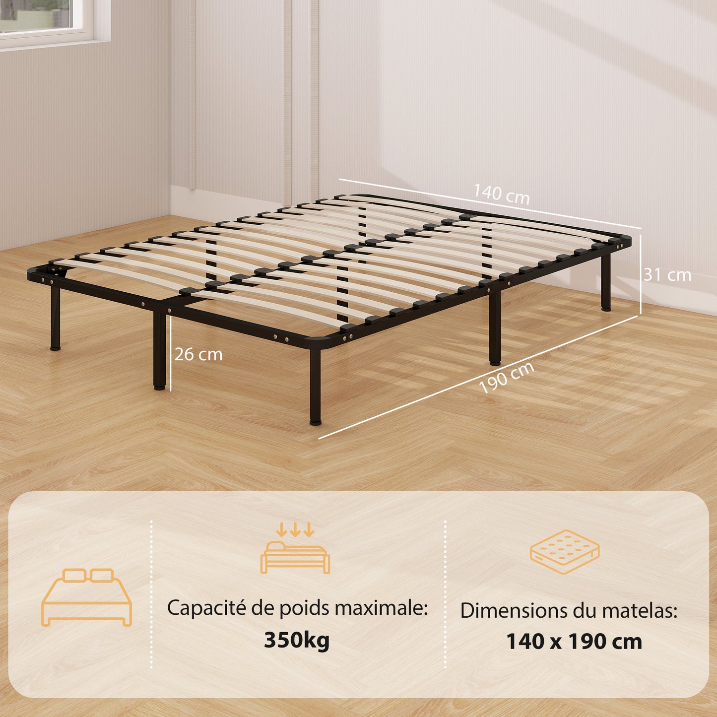 4ft6 Double Bed Frame, Metal Platform Bed Frame with 2 x 14 Wood Slats, No Box Spring Needed, Underbed Storage, Easy to Assemble, Black