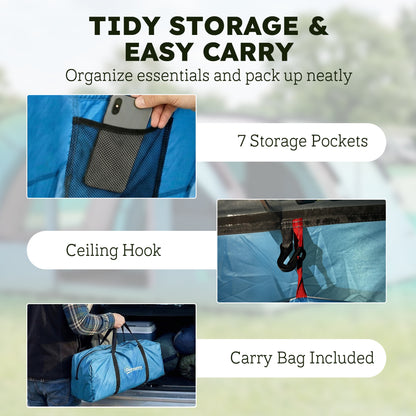 4 Person Easy Setup Family Camping Tent with 2 Rooms, Waterproof Tunnel Tent w/ Sewn In Groundsheet, Doors, Windows, Storage Pockets and Carrying Bag, Sky Blue & Grey