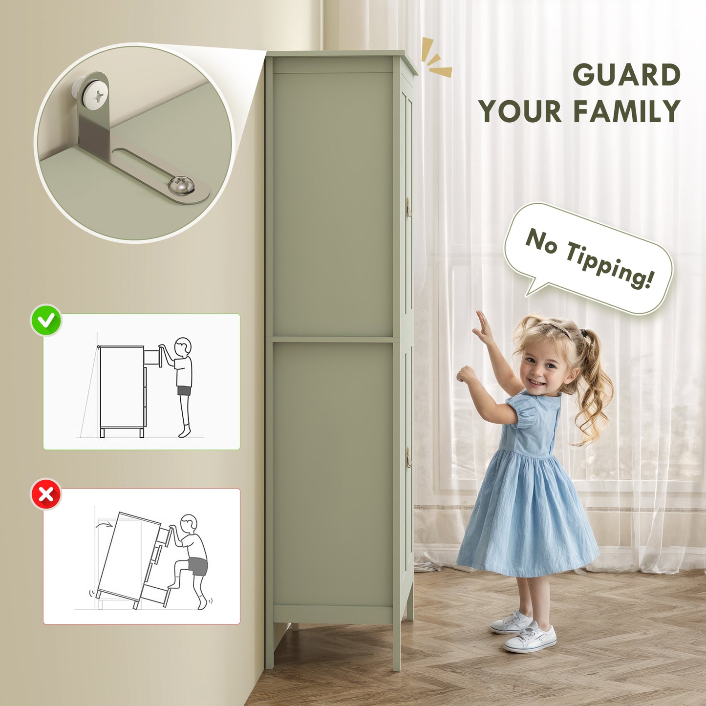 176.5 cm Tall Freestanding Pantry Storage Cabinet with 4 Doors Green
