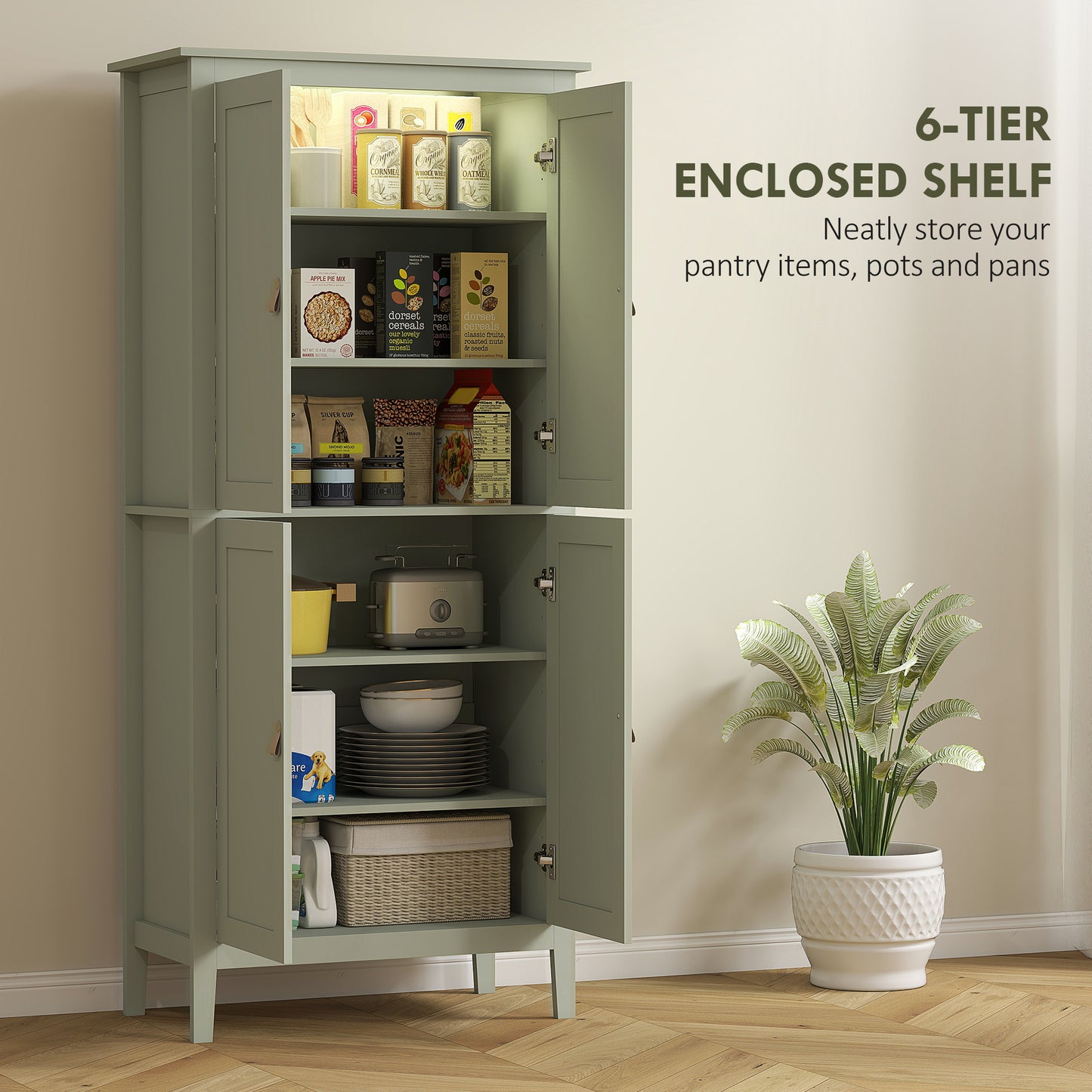 176.5 cm Tall Freestanding Pantry Storage Cabinet with 4 Doors Green