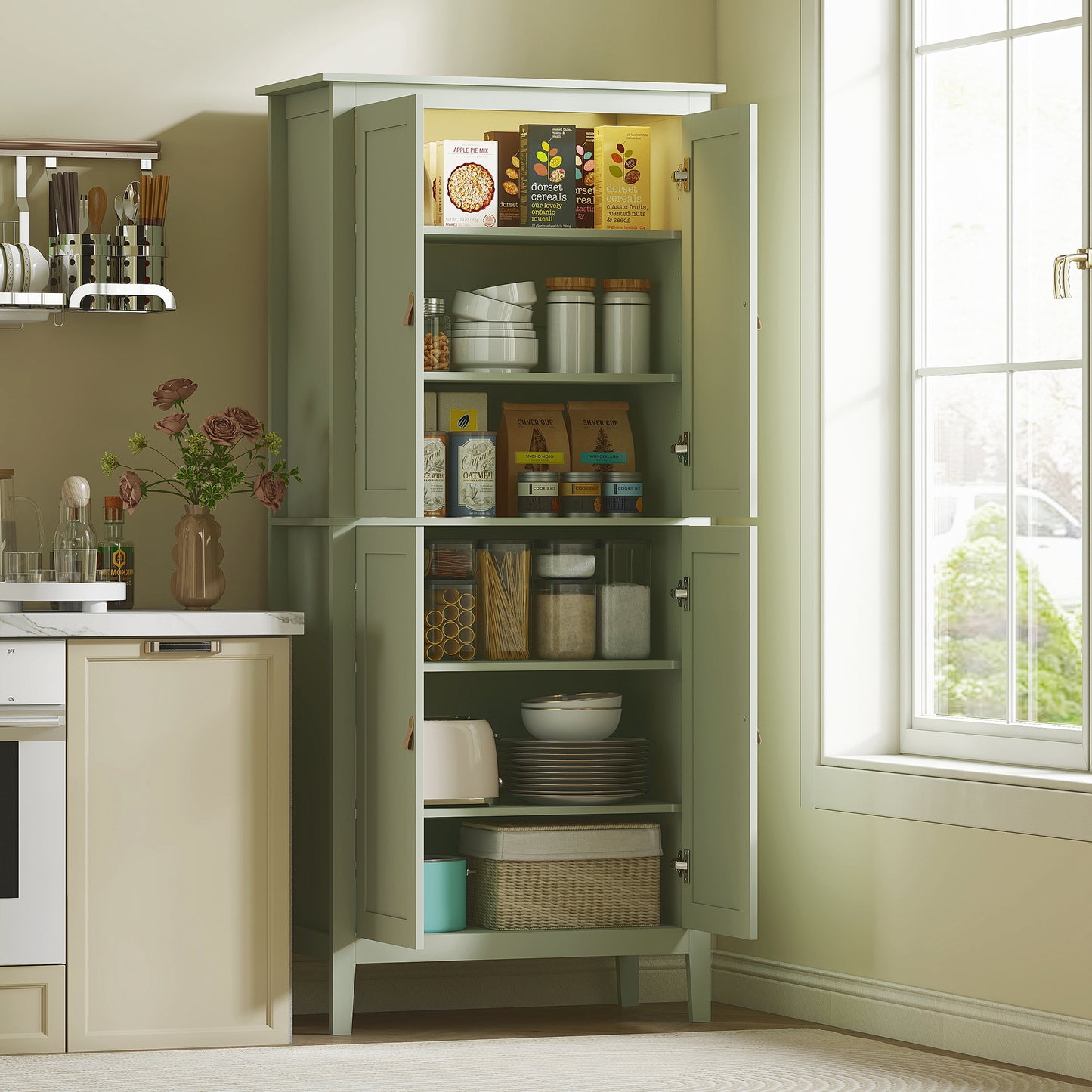 176.5 cm Tall Freestanding Pantry Storage Cabinet with 4 Doors Green