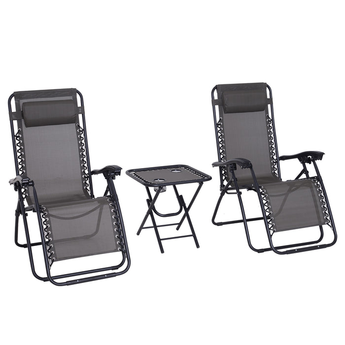 3pcs Folding Zero Gravity Chairs Sun Lounger Table Set w/ Cup Holders Reclining Garden Yard Pool, Dark Grey