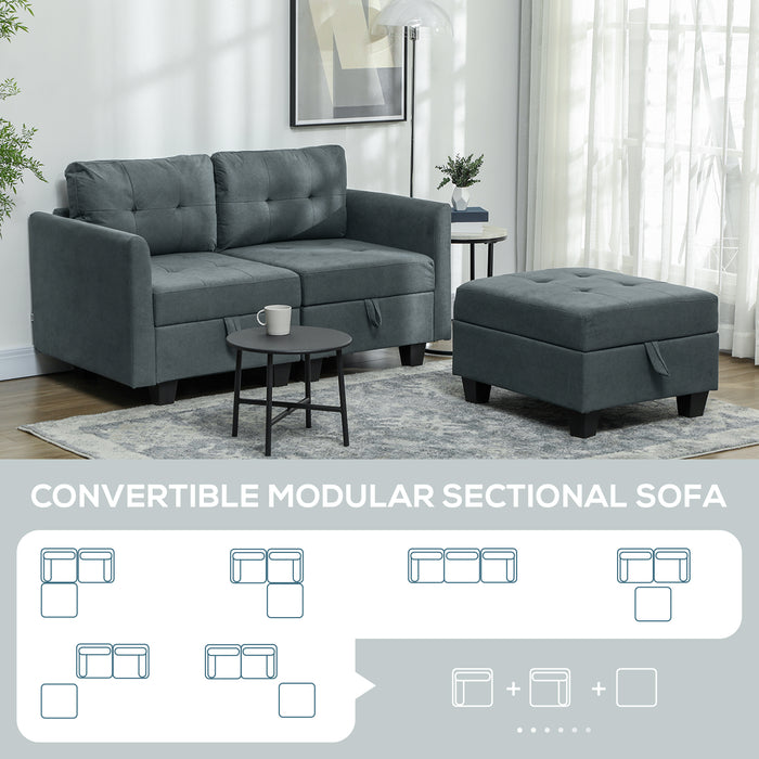 Modular Sectional Sofa with Storage, 2 Seater Sofa Set, Dark Grey