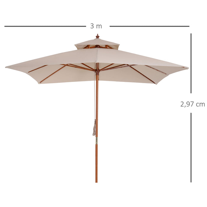 Beige Parasol Patio 3x3M Double Tier Garden Sun Umbrella Sunshade Outdoor Wood Wooden Canopy Tier