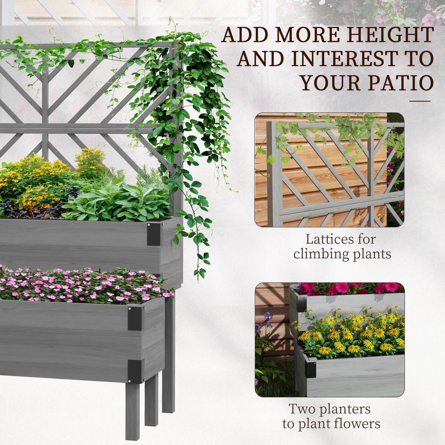 2-Tier Wooden Raised Bed with Trellis, Elevated Garden Planter