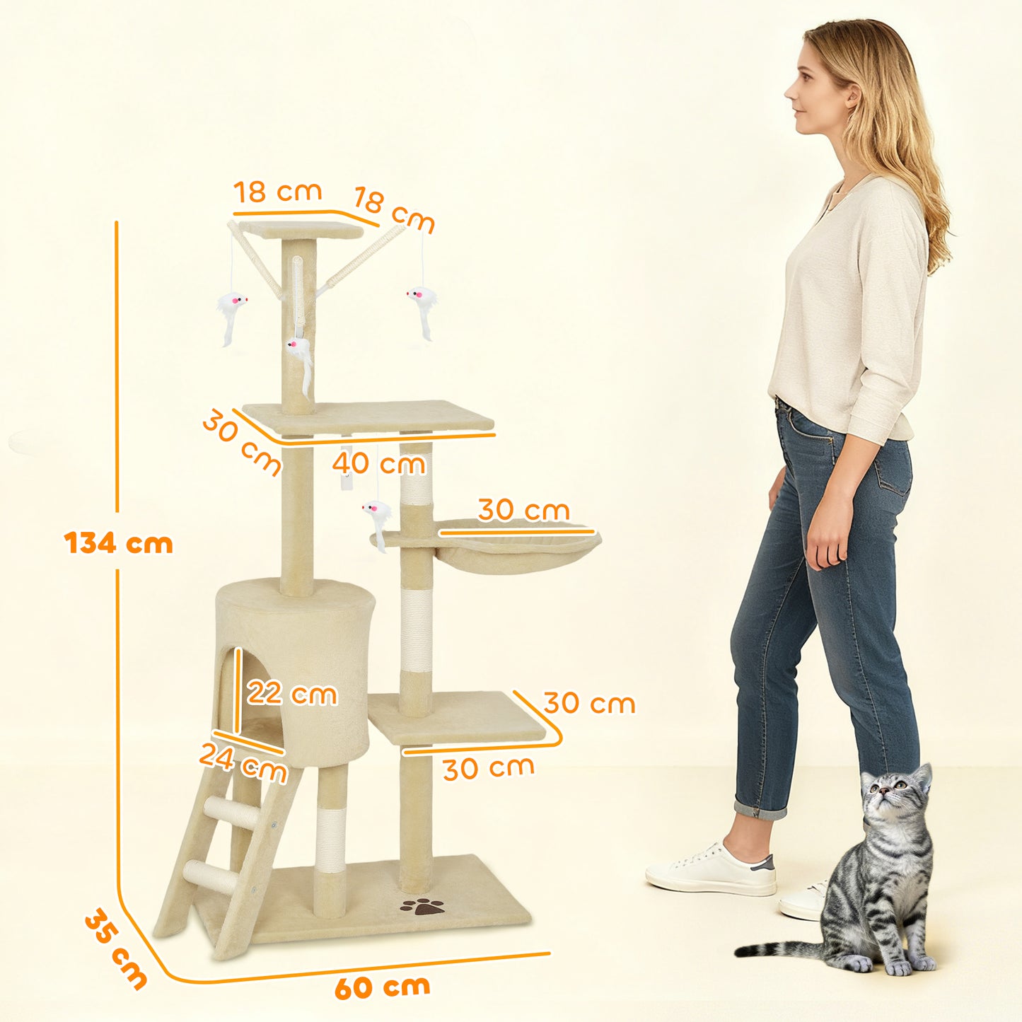 Cat Tree for Indoor Cats, 134cm Scratching Post Climbing Tower, Beige