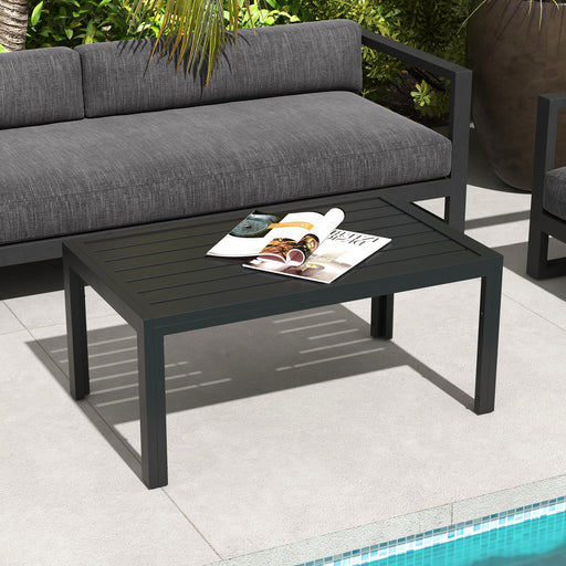 Outdoor Side Table, Rectangular Patio Coffee Side Table with Steel Frame and Slat Tabletop for Garden, Balcony, Black